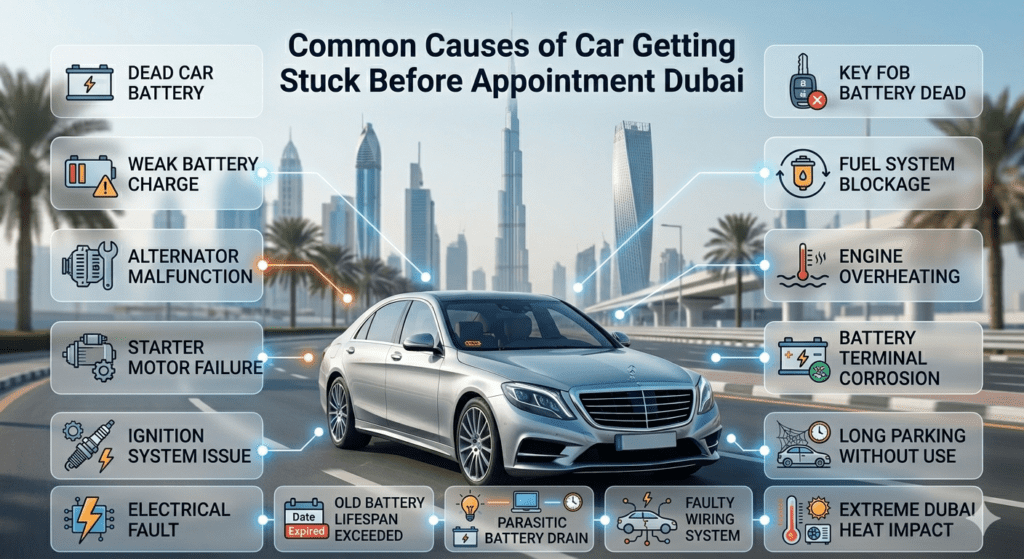 Car getting stuck before appointment Dubai showing common causes like battery failure, alternator issue, and electrical faults