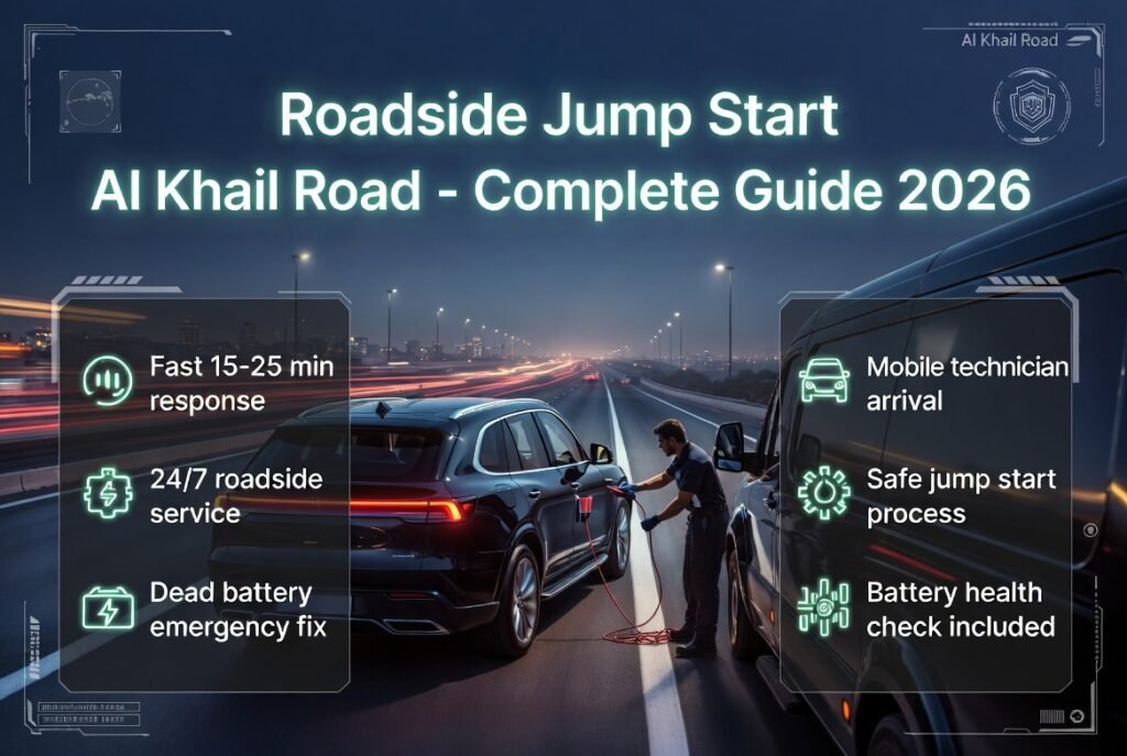 Technician performing roadside jump start on a car at Al Khail Road Dubai with infographic guide elements showing emergency battery service steps.