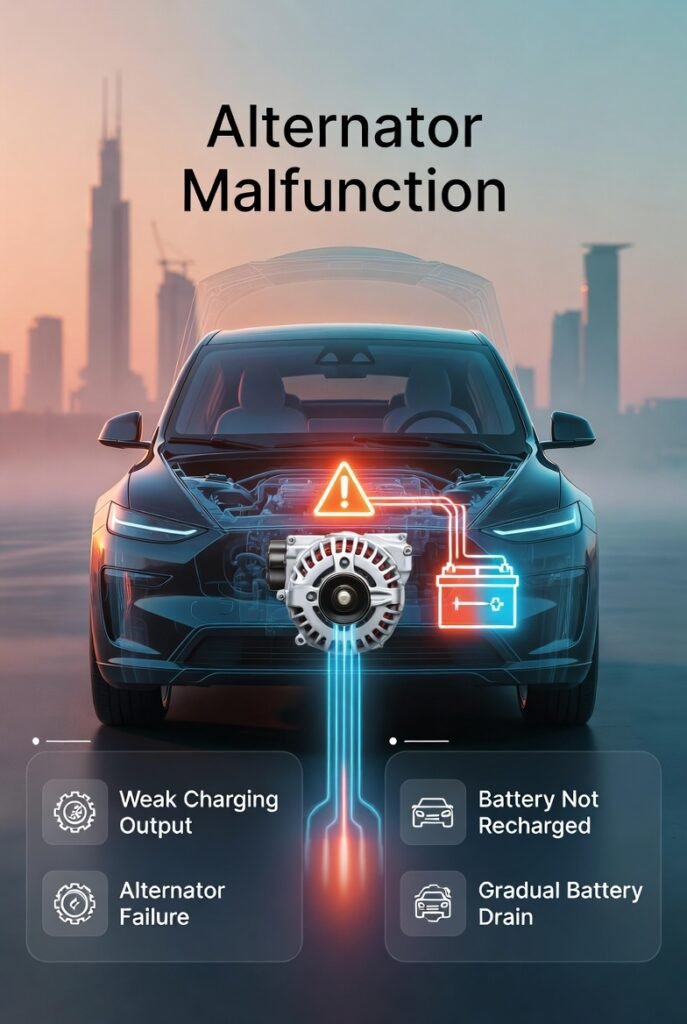 Alternator Malfunction – Battery Charging Failure in Cars Car alternator not properly charging battery causing gradual battery drain and failure