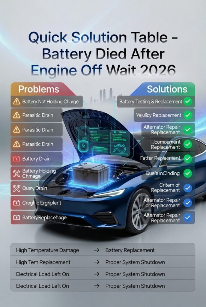 Quick solution table showing problems and solutions for car battery issues after engine off in a clean infographic