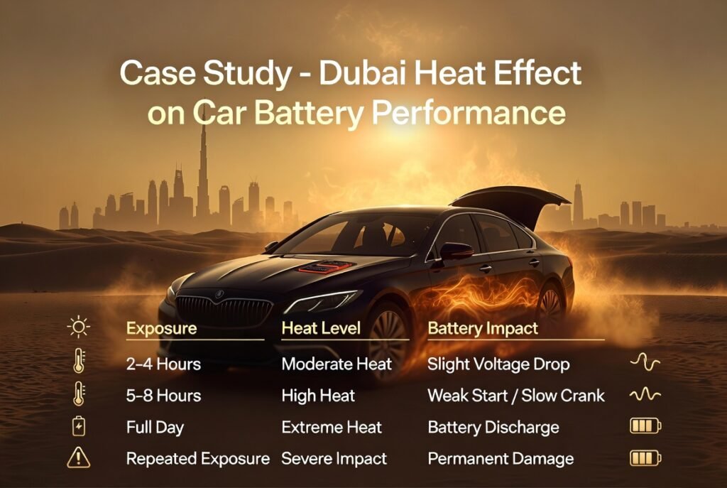 Case study showing Dubai heat effect on car battery with different parking durations causing voltage drop, weak start, and permanent damage