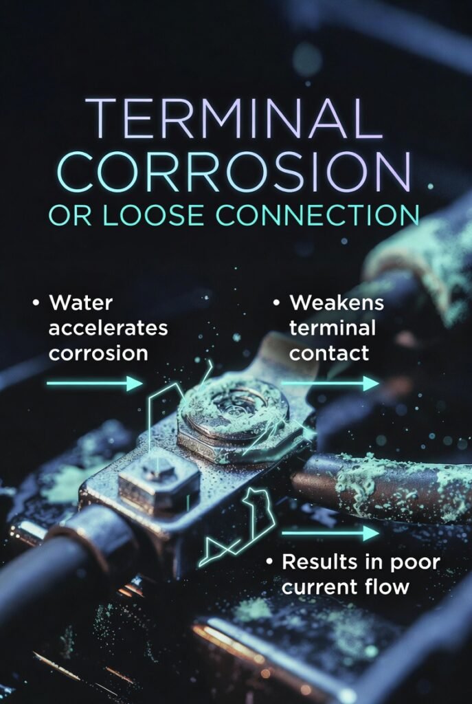 Terminal corrosion or loose connection infographic showing corrosion weakening contact and causing poor current flow in car battery