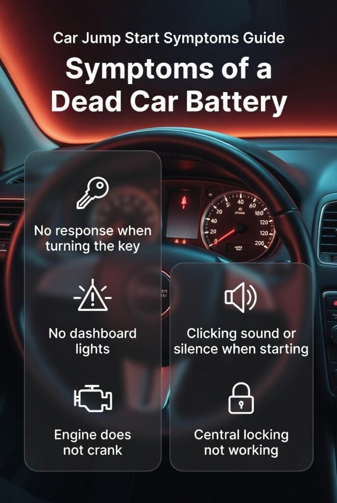 Infographic showing symptoms of a dead car battery including no response, no lights, and engine not cranking.