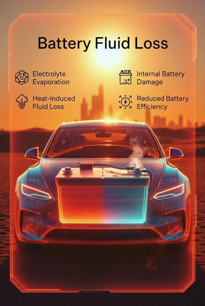 Car battery fluid evaporation due to extreme heat causing internal damage and reduced efficiency
