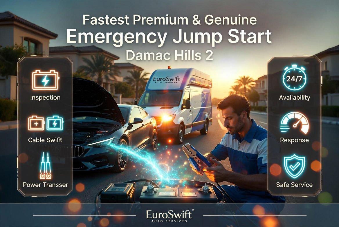 Emergency jump start service in Damac Hills 2 showing technician connecting battery cables from mobile van to a luxury car with glowing power transfer effect.