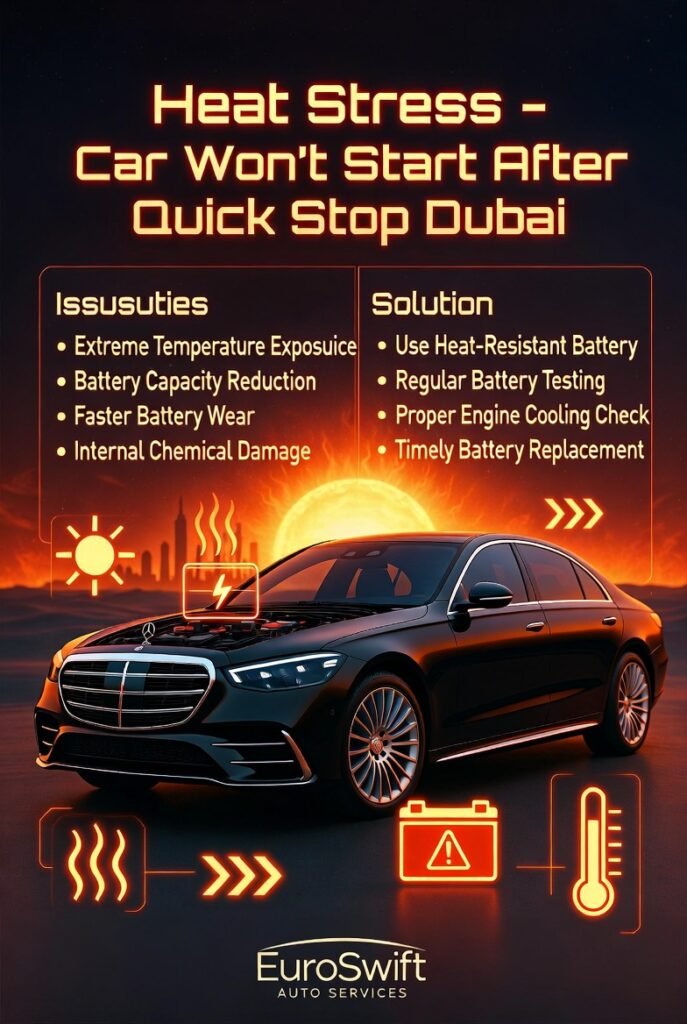 Heat stress on car battery infographic showing a luxury car in the center with heat wave effects and battery issues explained on both sides in a Dubai-style guide.