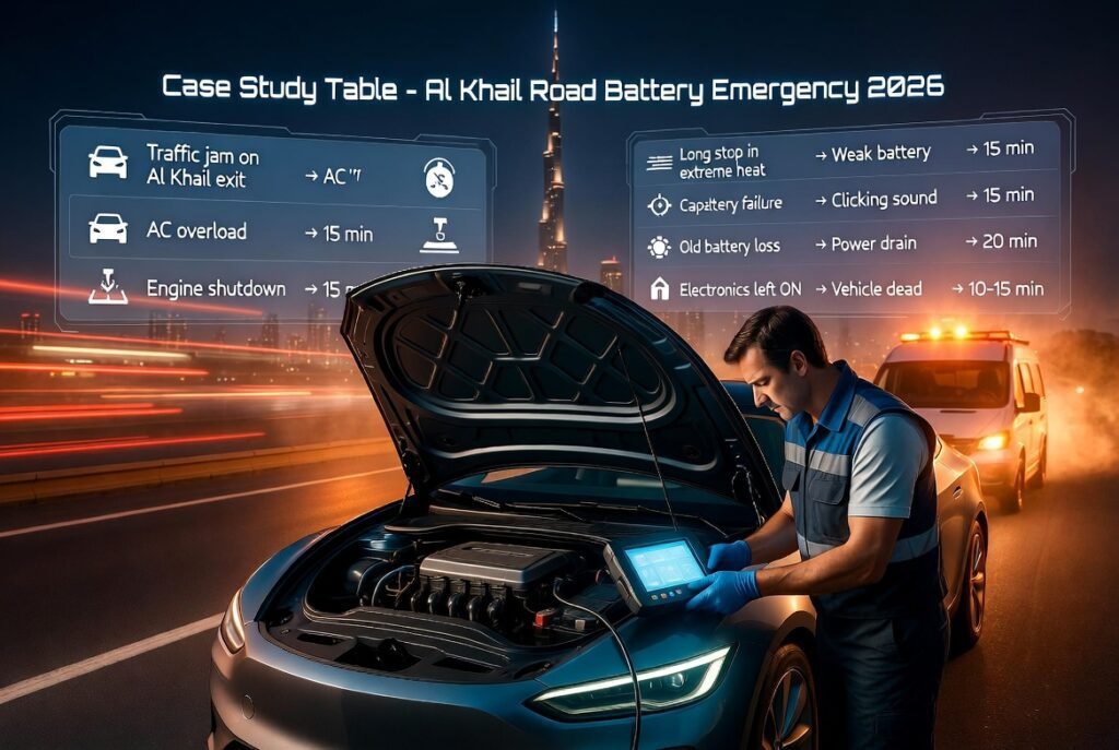 A cinematic roadside assistance scene on Al Khail Road Dubai showing a mechanic diagnosing a car battery with a futuristic case study table displaying emergency breakdown scenarios.