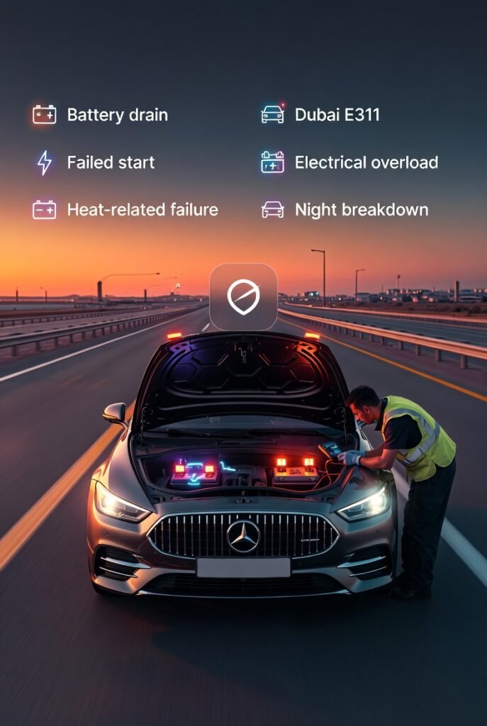 key situations on E311 road showing car battery failure scenarios and roadside emergency assistance on Dubai highway