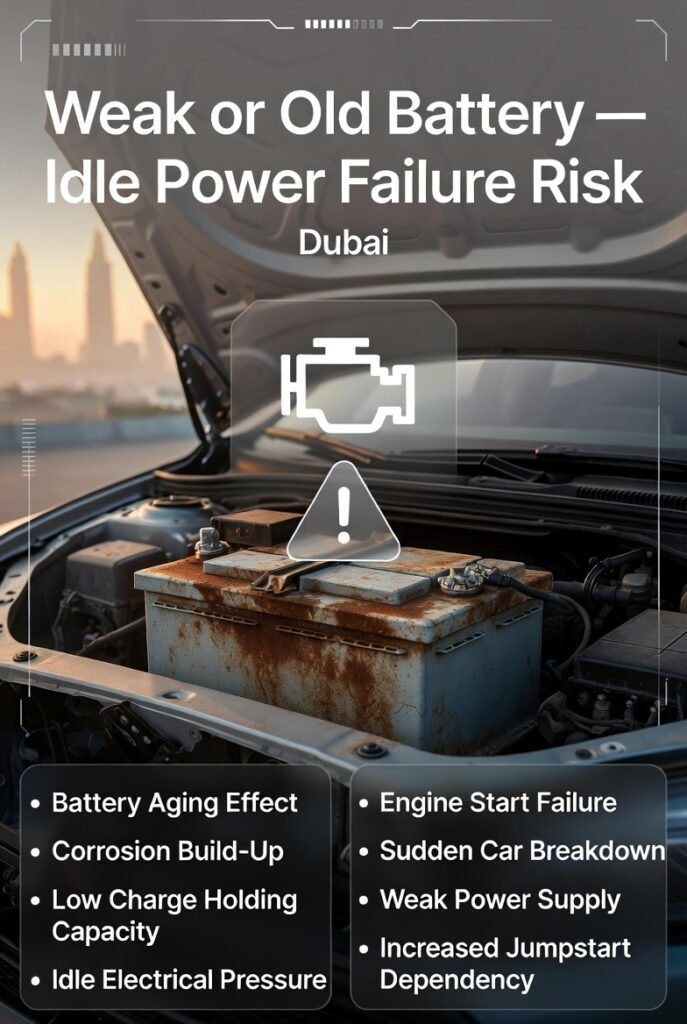 Old and weak car battery unable to handle electrical load causing starting failure in Dubai conditions.