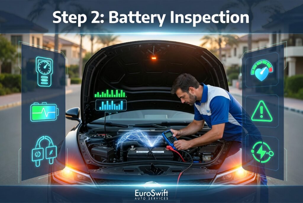 Technician checking car battery voltage and condition using a digital tester during roadside inspection in Damac Hills 2.