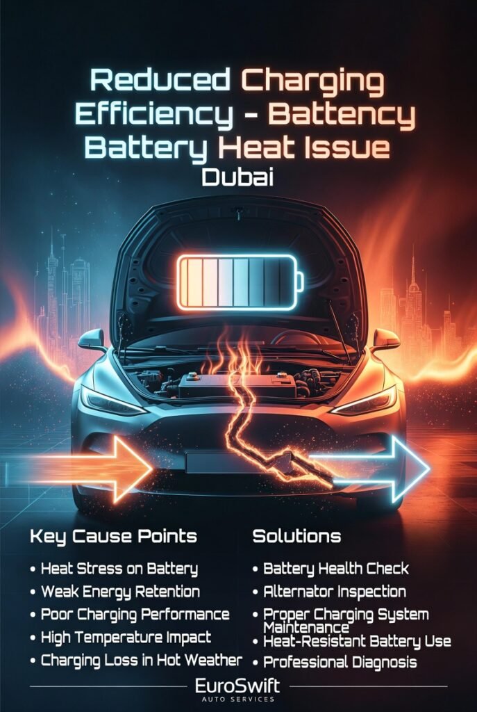 Reduced charging efficiency infographic showing a luxury car with weak battery charging and disrupted energy flow caused by heat with causes and solutions listed on both sides.