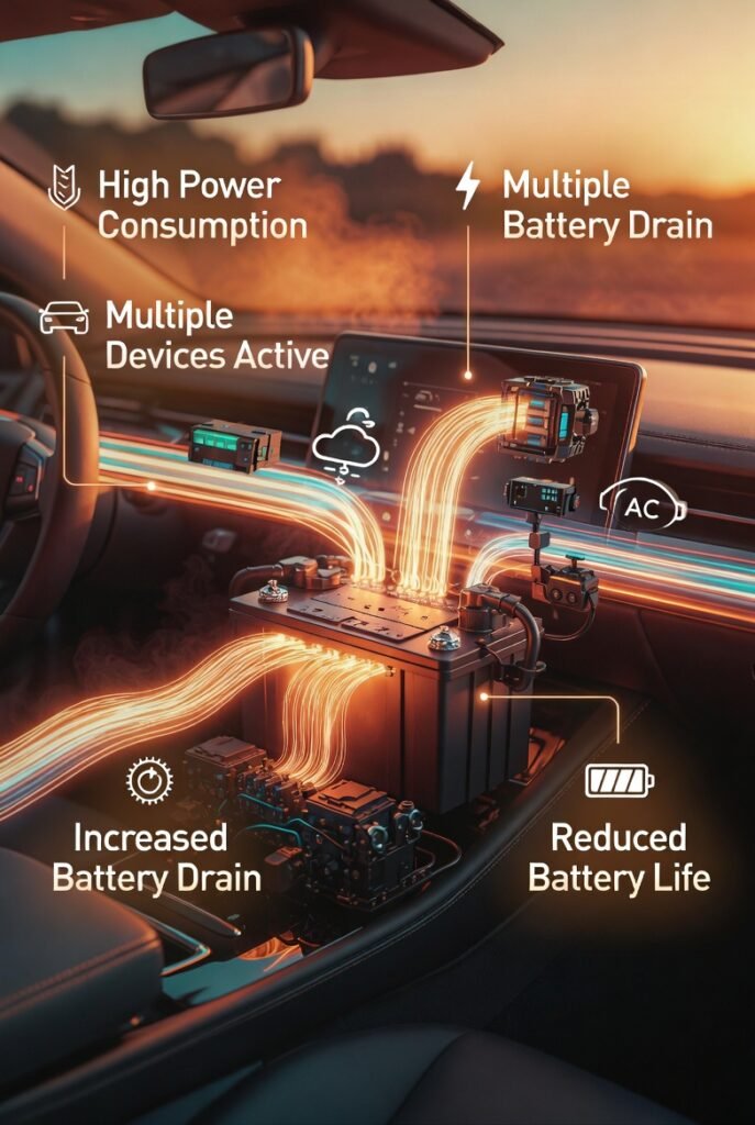 Car battery powering multiple electrical components showing increased load, with title “Electrical Load Increasing Battery Drain” and side points explaining high power usage.