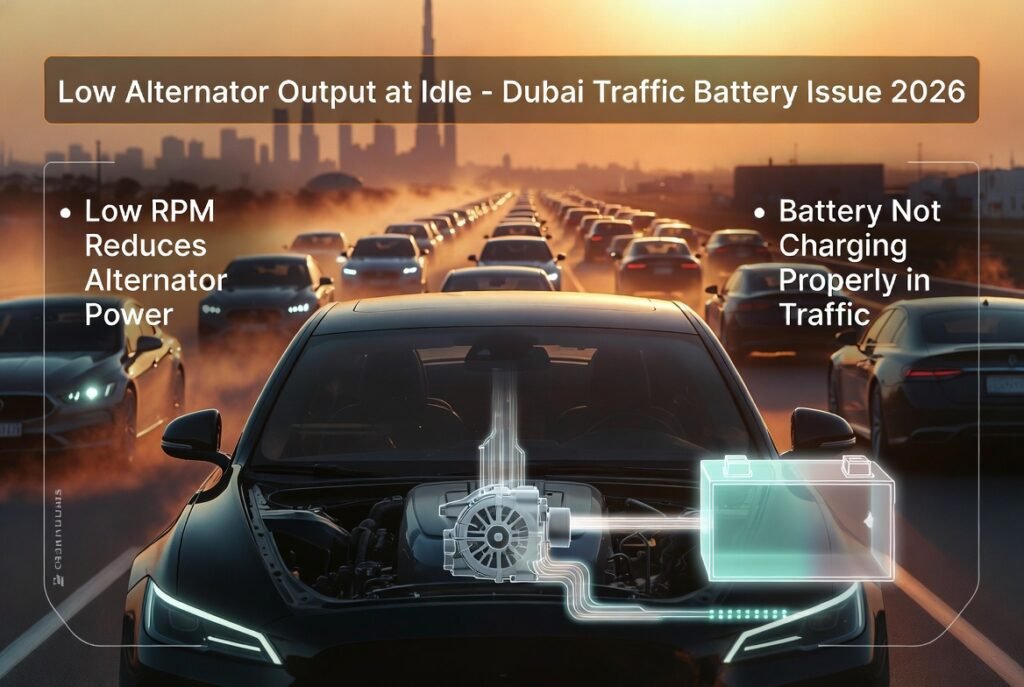 Car alternator low output at idle in Dubai traffic showing weak battery charging during stop-and-go congestion.