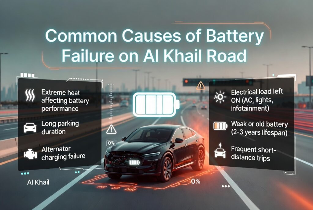 Car battery failure causes infographic on Al Khail Road Dubai showing heat, parking, alternator, and electrical load issues.