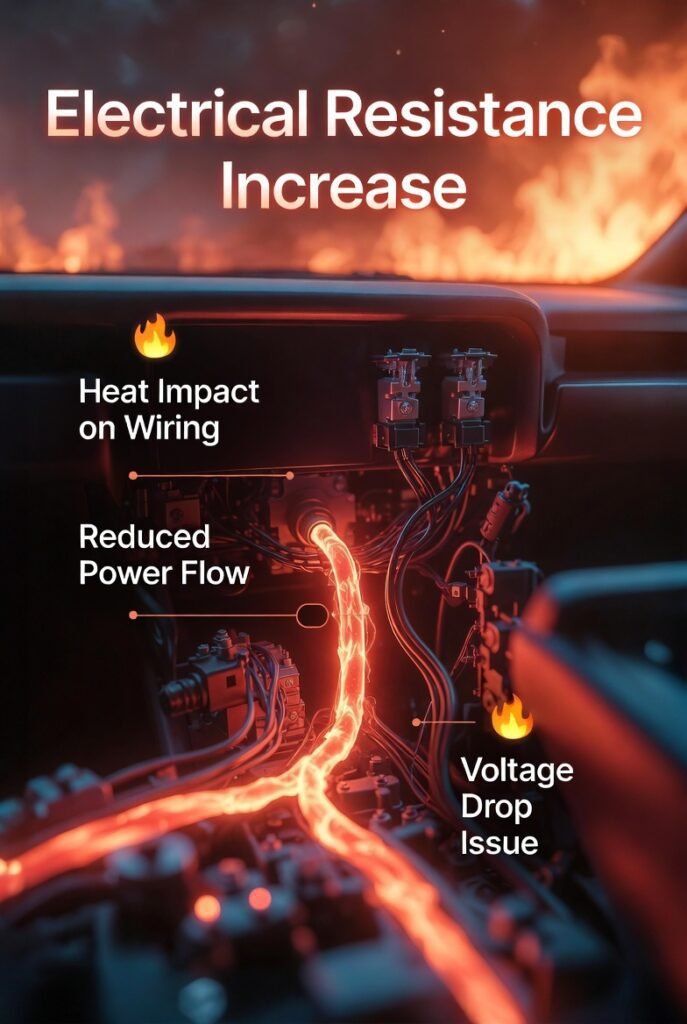 Car electrical wiring system glowing with heat showing increased resistance, titled “Electrical Resistance Increase,” with side points explaining reduced power flow and voltage drop.