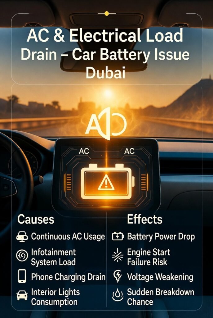 Car battery draining inside vehicle due to AC, infotainment, and electrical load usage in hot Dubai conditions.