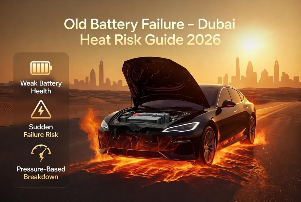 Old car battery in Dubai showing weak performance and sudden failure risk under heat pressure