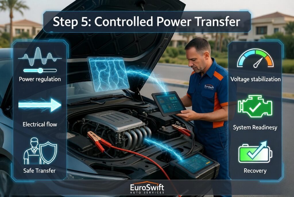 Technician monitoring controlled electrical power transfer into a car battery using a booster device during roadside jump start service.
