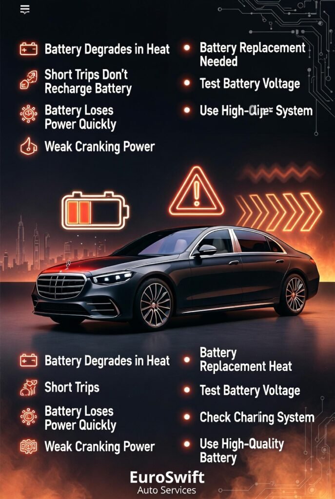 Weak or failing car battery infographic showing a luxury car in the center with battery problems on one side and solutions on the other in a modern Dubai heat-themed guide.