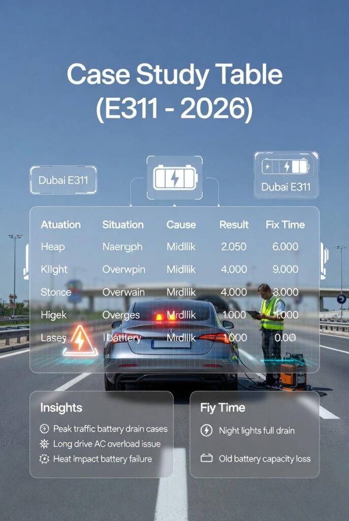 case study table showing car battery failure situations causes results and fix time on E311 Dubai highway roadside assistance 2026