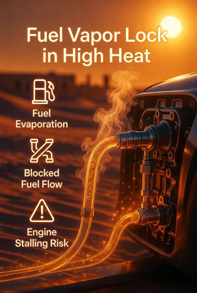Fuel system showing vapor lock due to high heat, with title “Fuel Vapor Lock in High Heat” and side points explaining fuel evaporation and delivery issues.