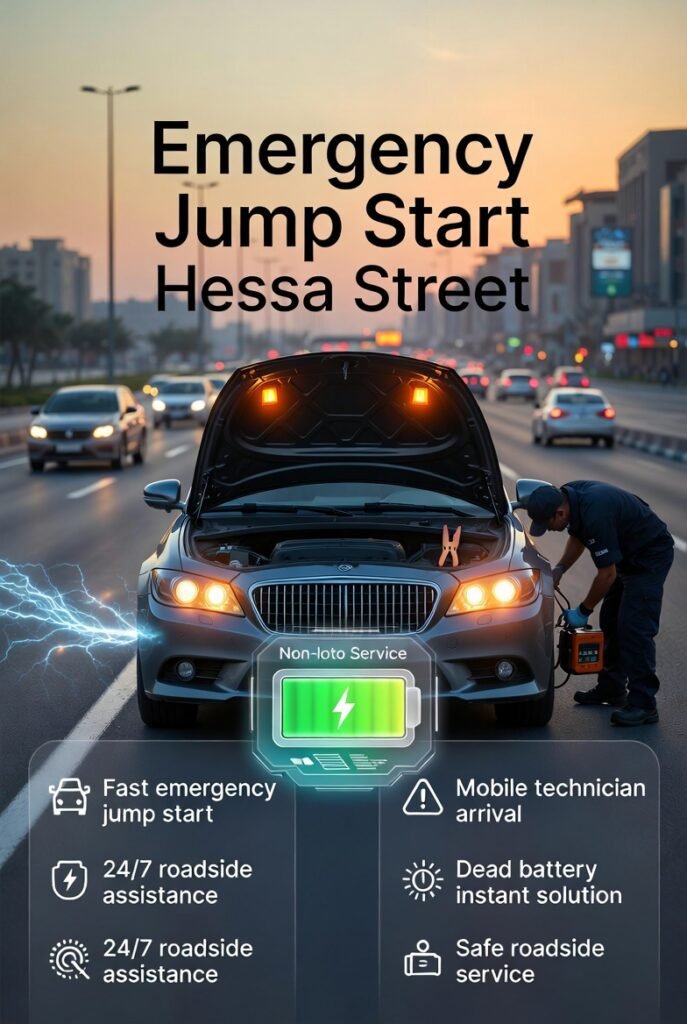 emergency jump start Hessa Street Dubai showing roadside technician helping dead car battery with booster service on urban road