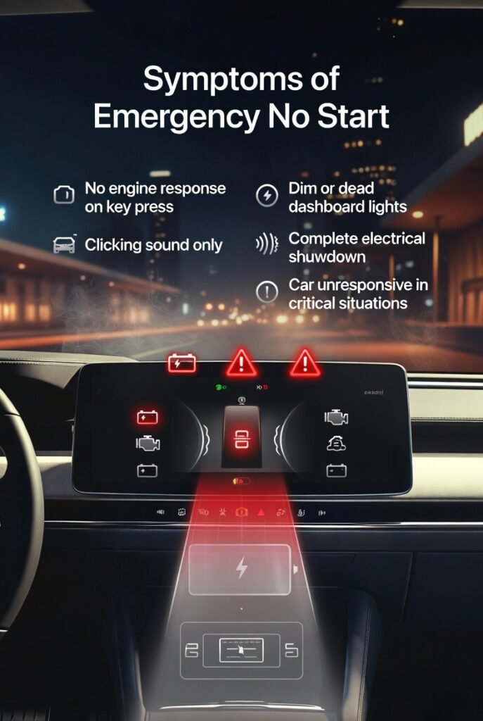 Car emergency no start symptoms showing clicking sound, dim dashboard, and complete electrical shutdown