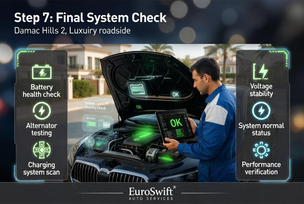 Technician performing final diagnostic check on car battery and charging system using a digital scanner after jump start service.