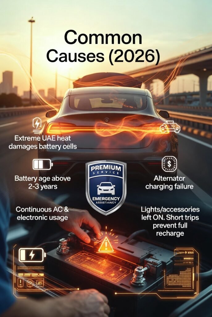 common causes of car battery failure in Dubai showing heat damage alternator issue and battery drain roadside assistance diagnostic scene