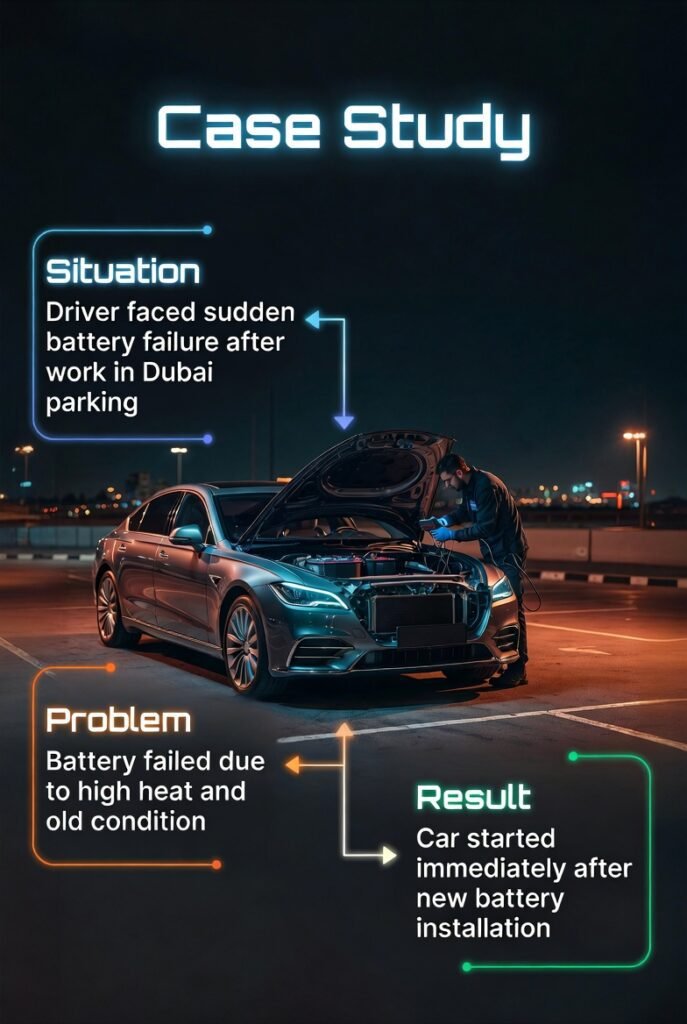 Infographic showing a case study of sudden car battery failure in Dubai and successful replacement