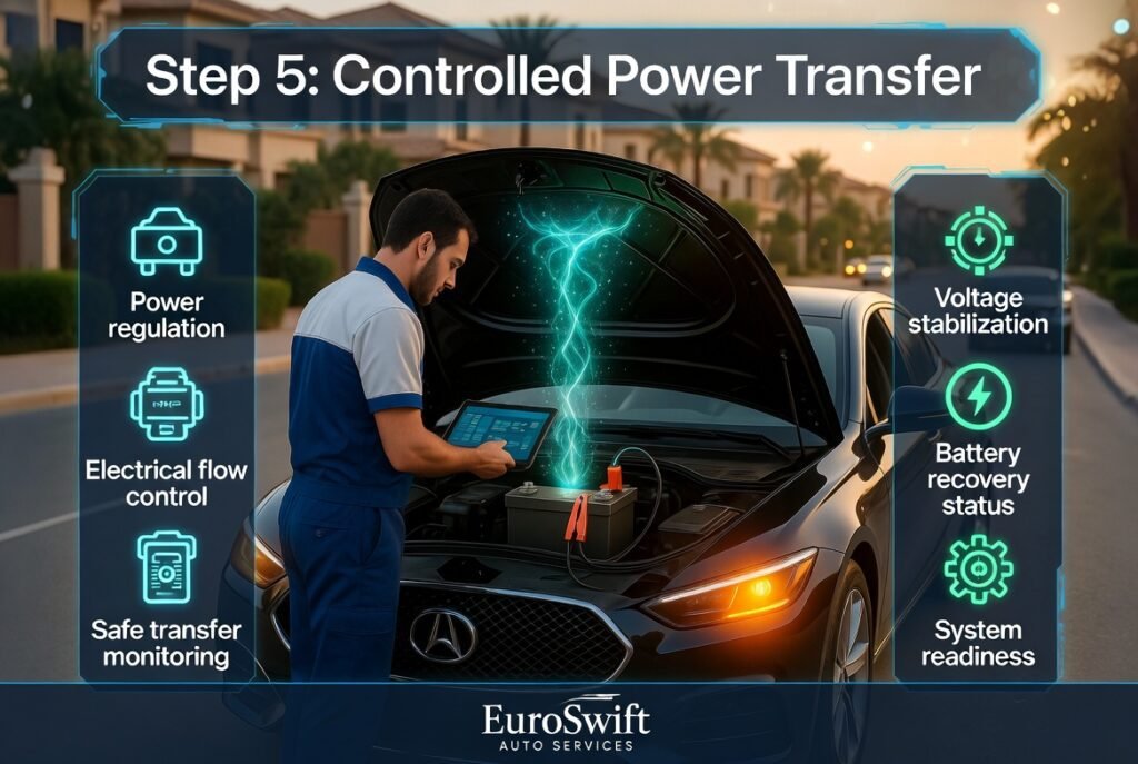 Technician monitoring controlled electrical power transfer into a car battery using a booster device during roadside jump start service.