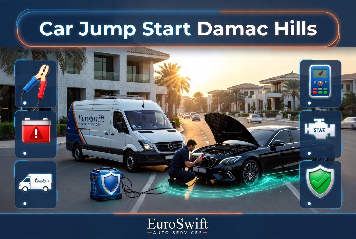 Emergency car jump start service in Damac Hills showing a technician connecting battery cables from a mobile service van to a vehicle under professional roadside assistance.