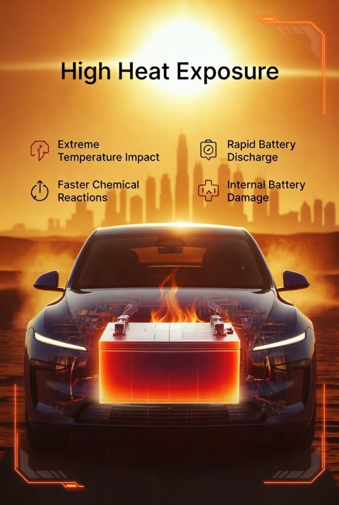 High Heat Exposure – Car Battery Damage in Dubai Car battery affected by extreme heat causing faster discharge and internal damage in Dubai