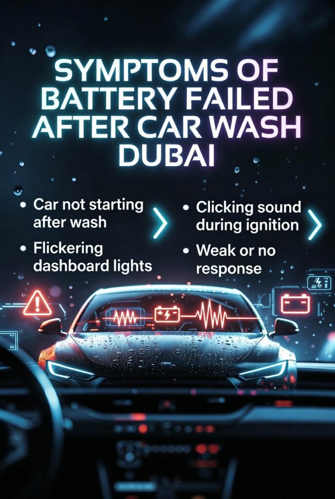 Symptoms of battery failed after car wash Dubai showing car not starting flickering dashboard lights and electrical shutdown