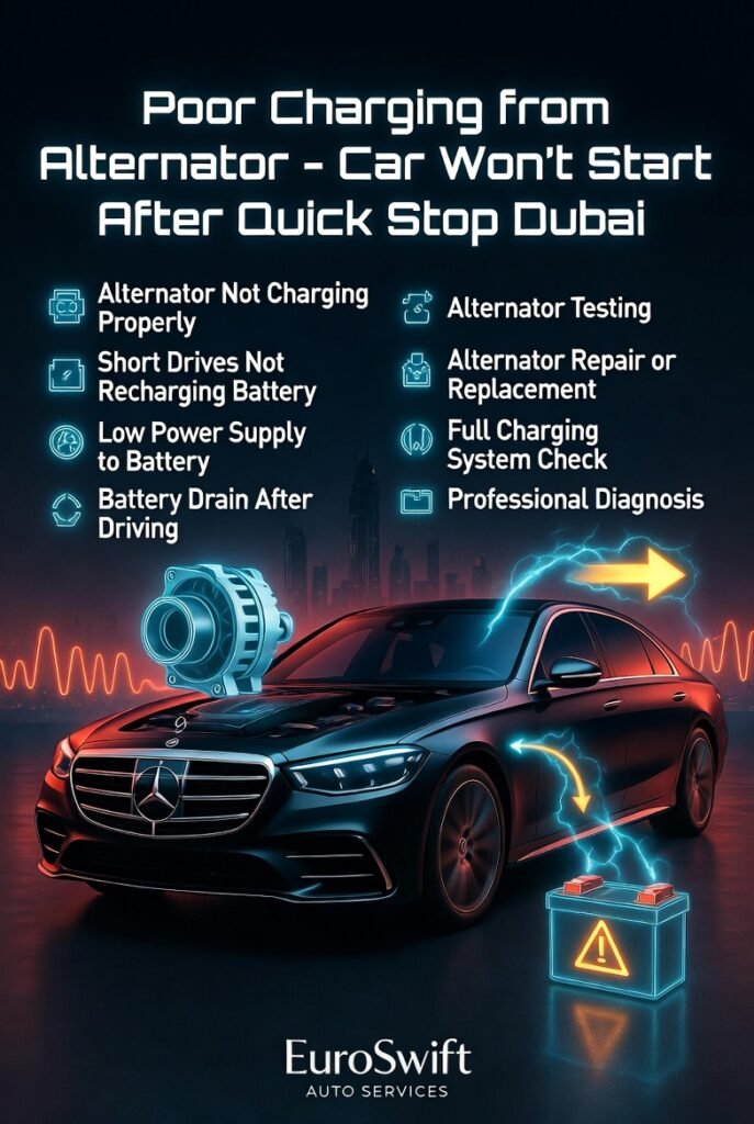 Alternator charging problem infographic showing a luxury car in the center with charging system issues and solutions listed on both sides in a modern Dubai-style guide.