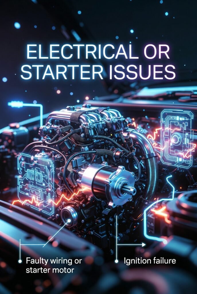 Electrical or starter issues infographic showing faulty wiring ECU issues and ignition failure affecting car starting