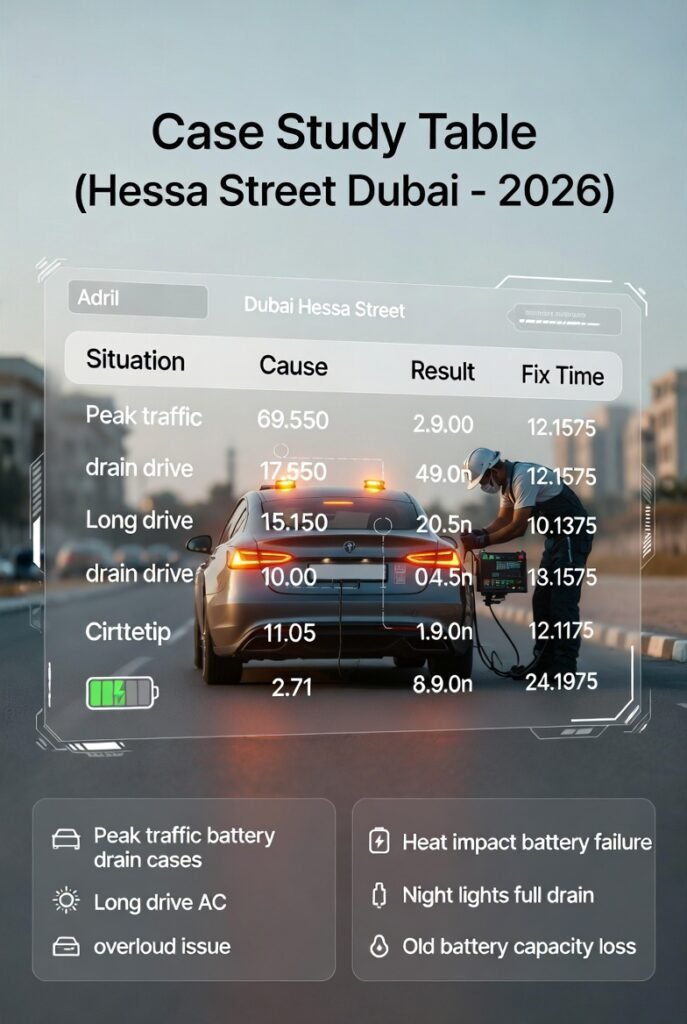 case study table showing car battery failure situations causes results and fix time on Hessa Street Dubai roadside assistance 2026 analytics