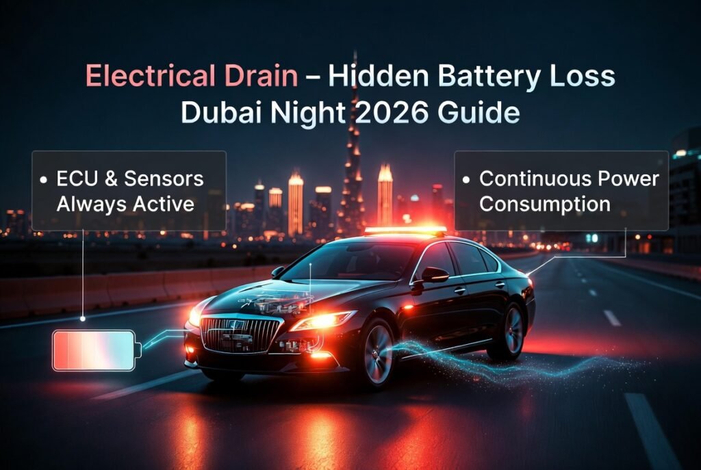 Car electrical drain at night in Dubai showing ECU, sensors, and systems continuously consuming battery power causing breakdown.