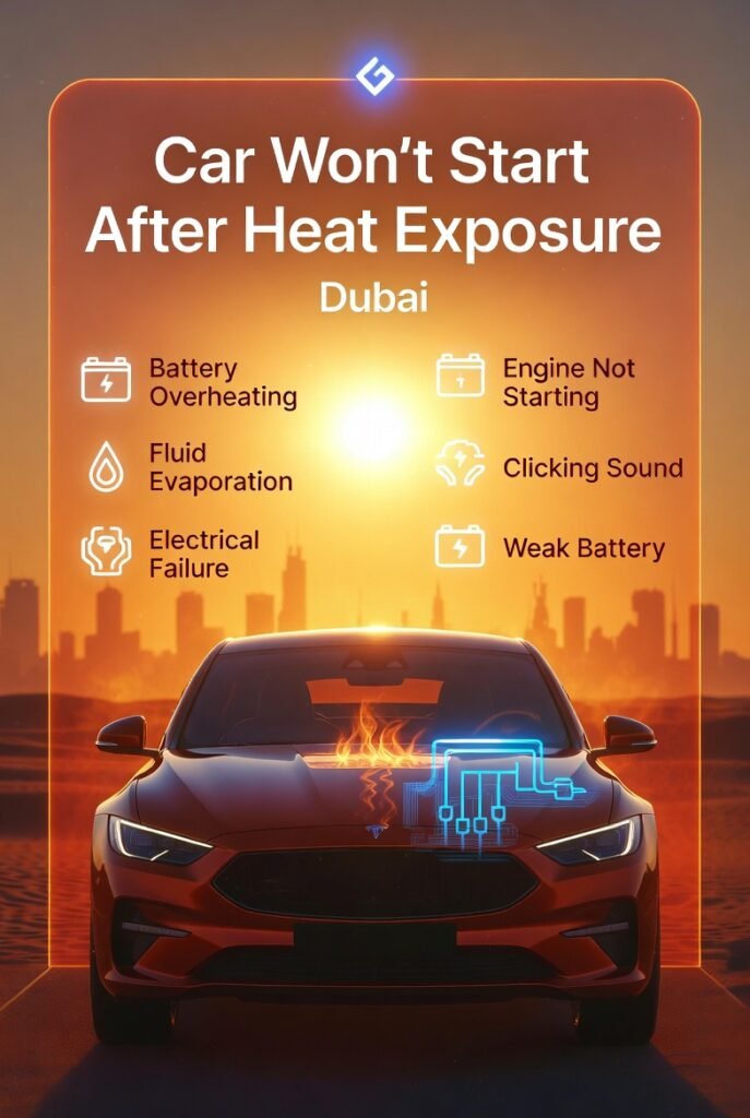 Car battery failure due to extreme heat in Dubai causing car not to start with highlighted overheating issues