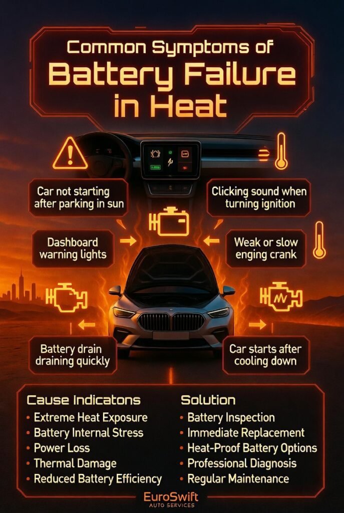 Common symptoms of battery failure in heat infographic showing a luxury car with warning signs like no start, clicking sound, weak crank, dashboard lights, and battery drain.