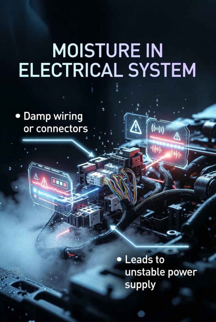 Moisture in electrical system infographic showing damp wiring and unstable power supply due to interrupted electrical flow