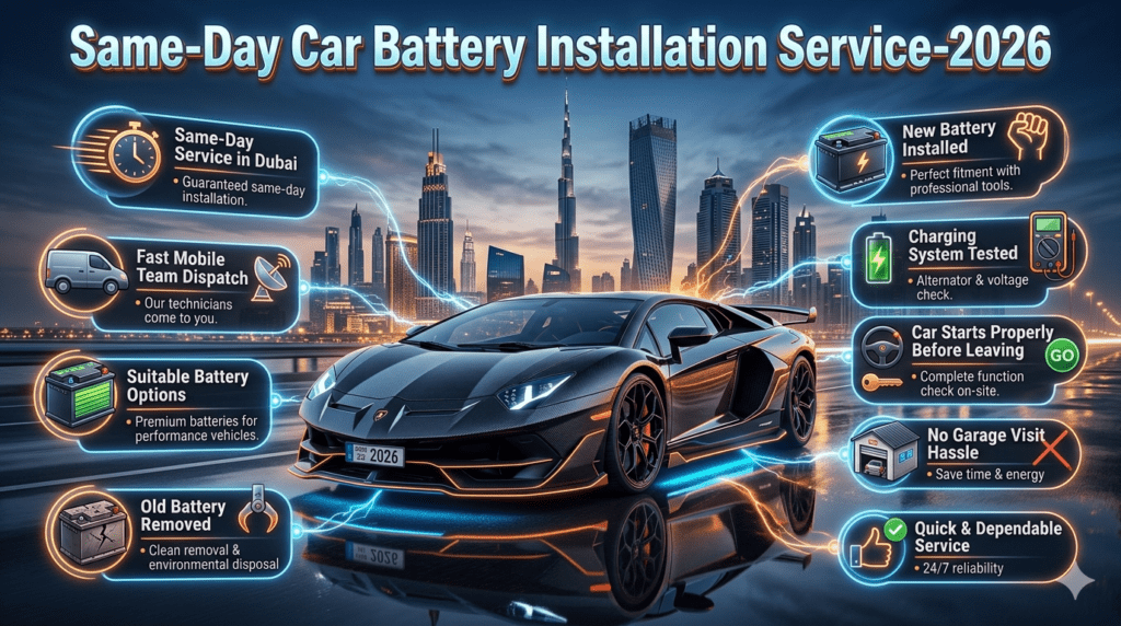 infographic showing a luxury Lamborghini in the center with Dubai skyline background and bold title at top reading Same-Day Car Battery Installation Service-2026. Side bullet points highlight same-day service, mobile team dispatch, battery options, old battery removal, new battery installation, charging system test, proper start check, and no garage hassle. Futuristic glowing effects with high-end automotive style.
