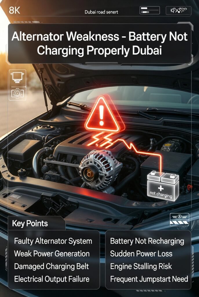 Car alternator failure causing battery not to recharge properly during engine operation in Dubai conditions.