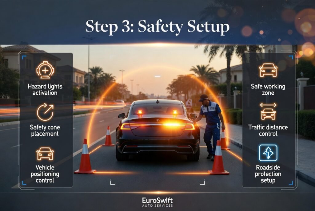 Technician securing a vehicle on roadside with hazard lights ON and safety cones during emergency assistance in Damac Hills 2.