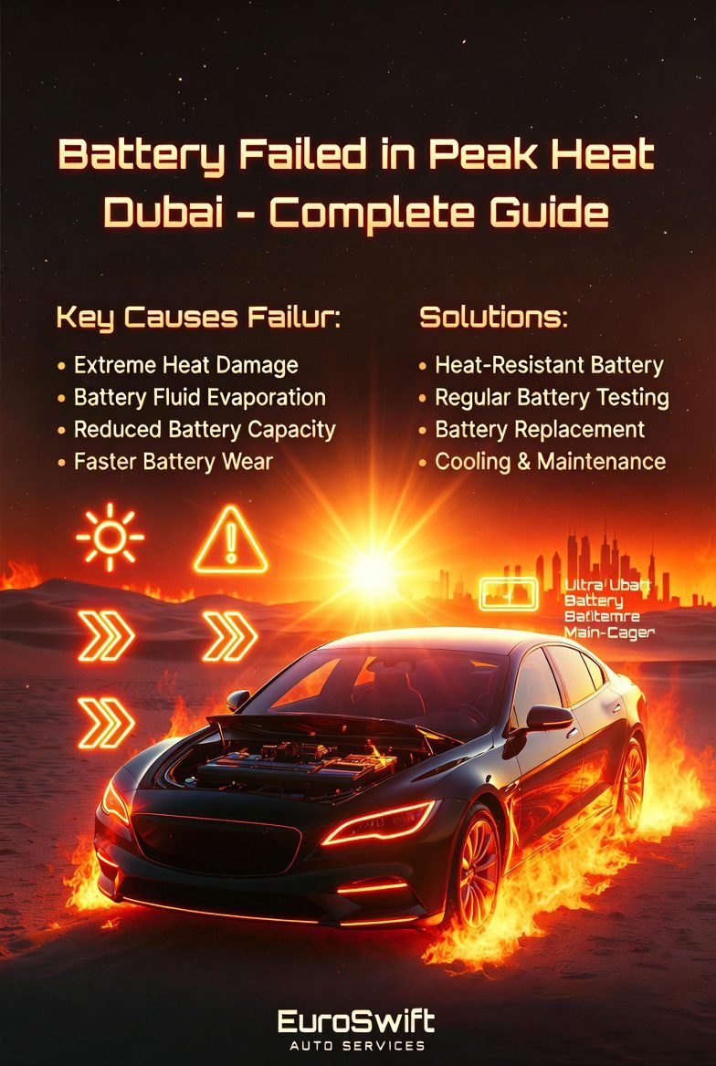 Battery failed in peak heat Dubai infographic showing a luxury car in the center with heat effects and battery failure causes and solutions listed on both sides in a modern guide style.