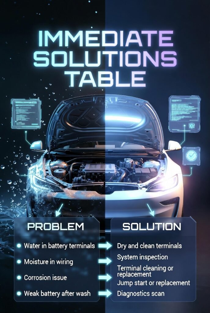 Immediate solutions table infographic showing problems like water in terminals and solutions like cleaning diagnostics and replacement