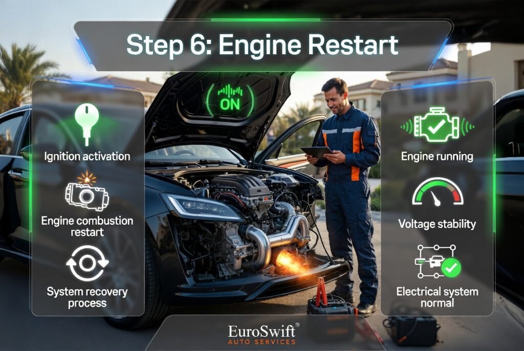 Technician confirming successful engine restart after roadside jump start service with vehicle running smoothly.