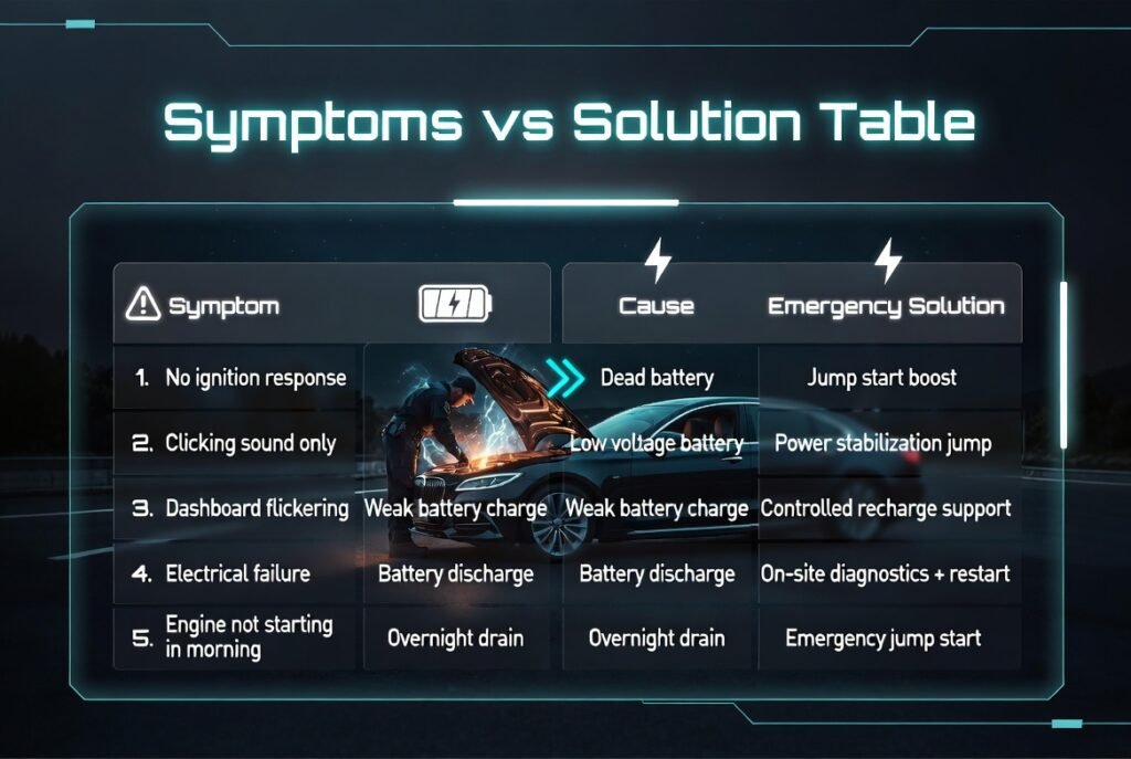 Infographic showing car battery symptoms vs solutions table including no ignition, clicking sound, dashboard flickering, electrical failure, and emergency jump start solutions.