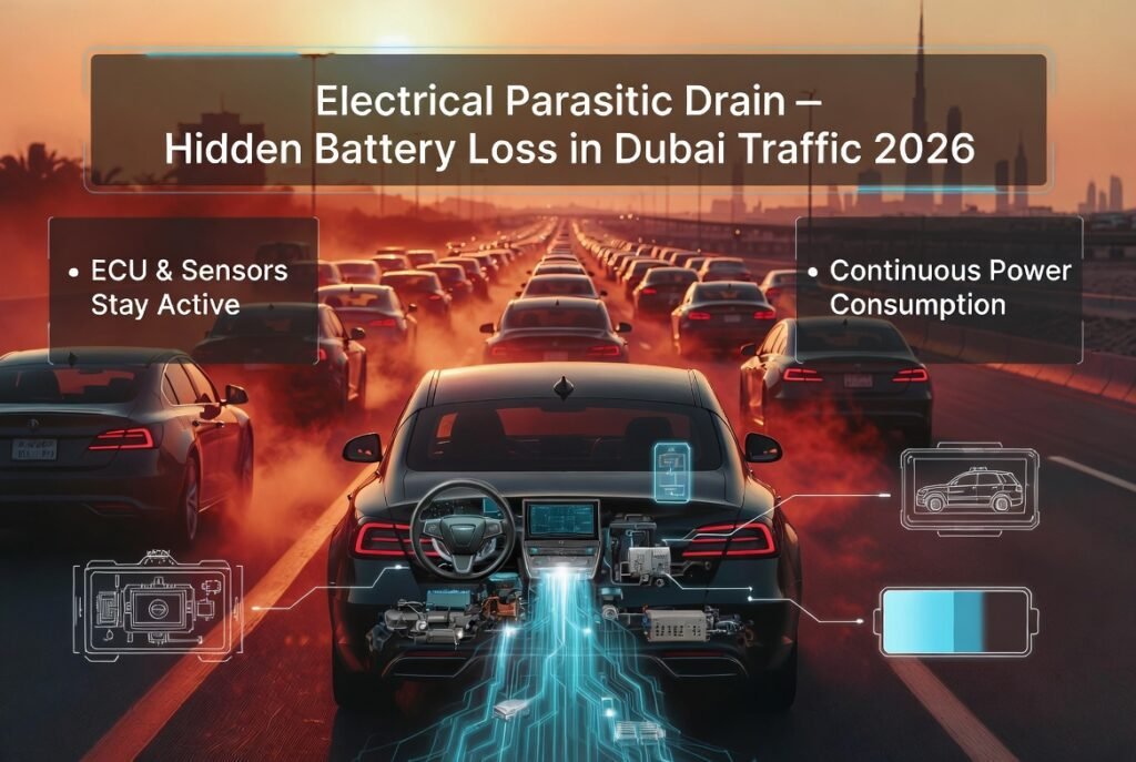 Car electrical parasitic drain in Dubai traffic showing ECU, sensors, and infotainment continuously consuming battery power.