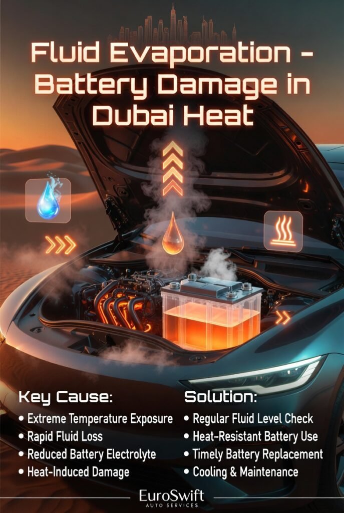 Battery fluid evaporation infographic showing vapor rising from a car battery in a luxury car with heat effects and causes and solutions listed on both sides.